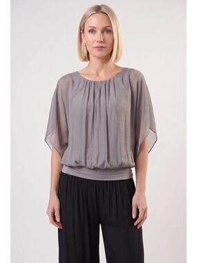 NWT Tina Stephens Aurora Silk Top Made in Italy Flutter Sleeve One Size Taupe
